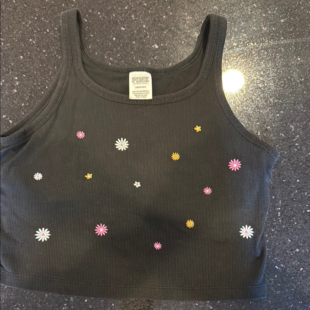 PINK Victoria's Secret Embroidered Black Ribbed Crop Tank Top w/ Shelf Bra